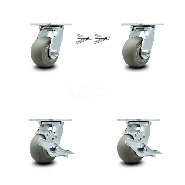 4 Inch Thermoplastic Rubber Caster Set with Ball Bearings 2 Swivel Lock 2 Brake